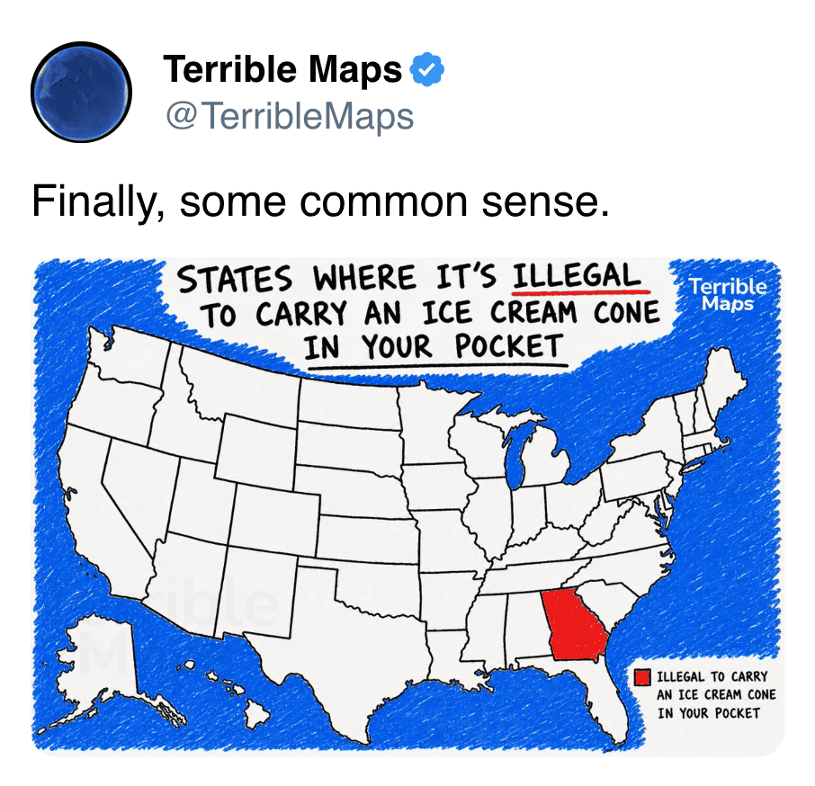 Humorous map highlighting states where carrying an ice cream cone is illegal, with Georgia in red.
