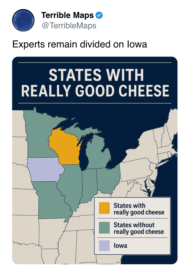 Map highlighting states with really good cheese, including Iowa, in the US.