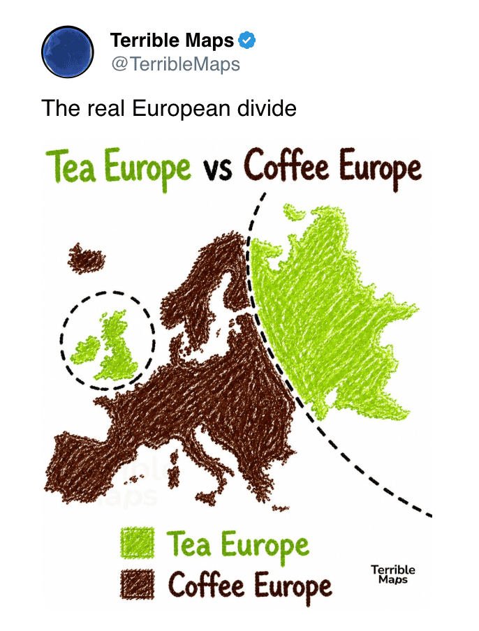 European map showing Tea Europe in green and Coffee Europe in brown, illustrating the cultural divid.