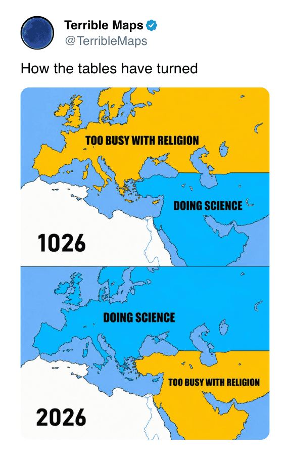 Humorous maps showing Europe's focus on religion and Asia's focus on science in 1026 and 2026.