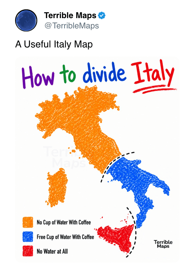 Italy map infographic showing coffee water choices: no water, free water, or no water at all.