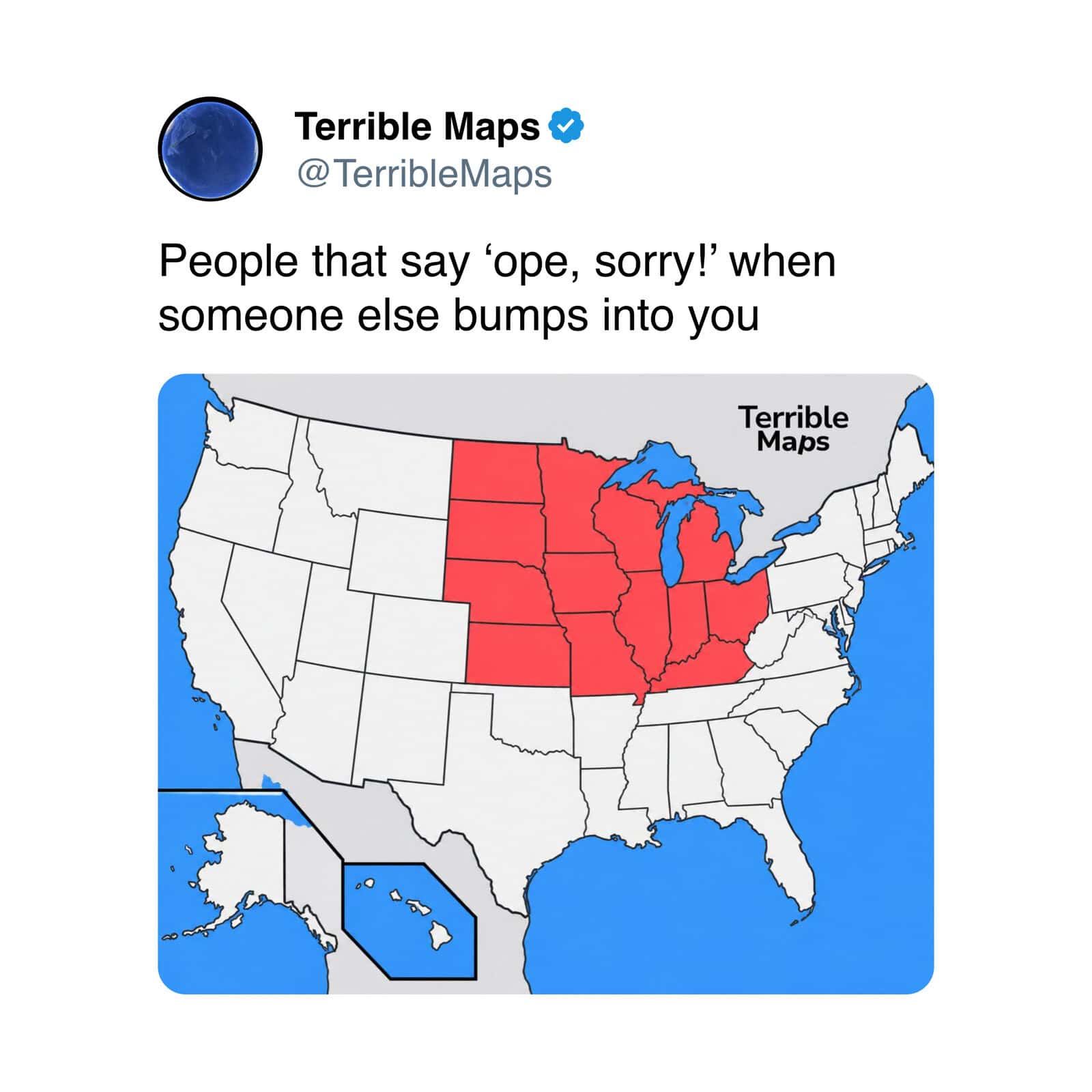 Humorous map illustrating the Midwest U.S. with a playful caption about bumping into others.