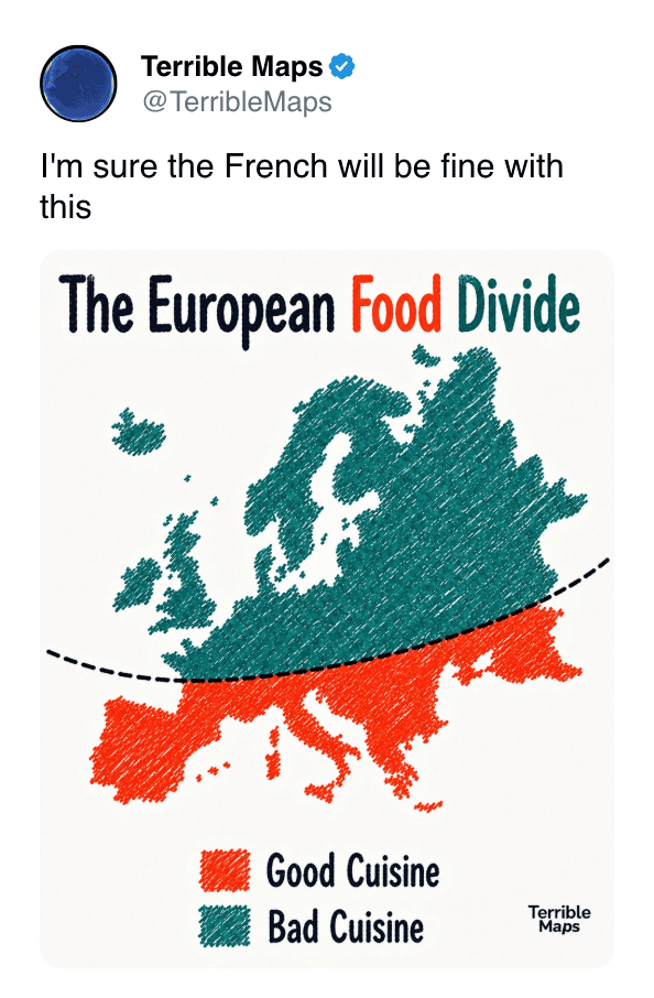Map illustrating the European food divide with good and bad cuisine regions.