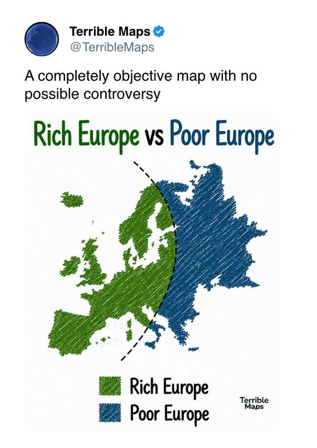 Map showing Rich Europe in green and Poor Europe in blue for visual comparison.