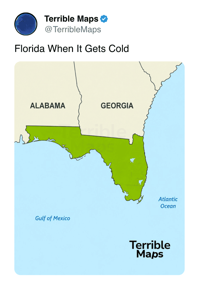 Florida map showing southern region highlighted in green for cold weather.