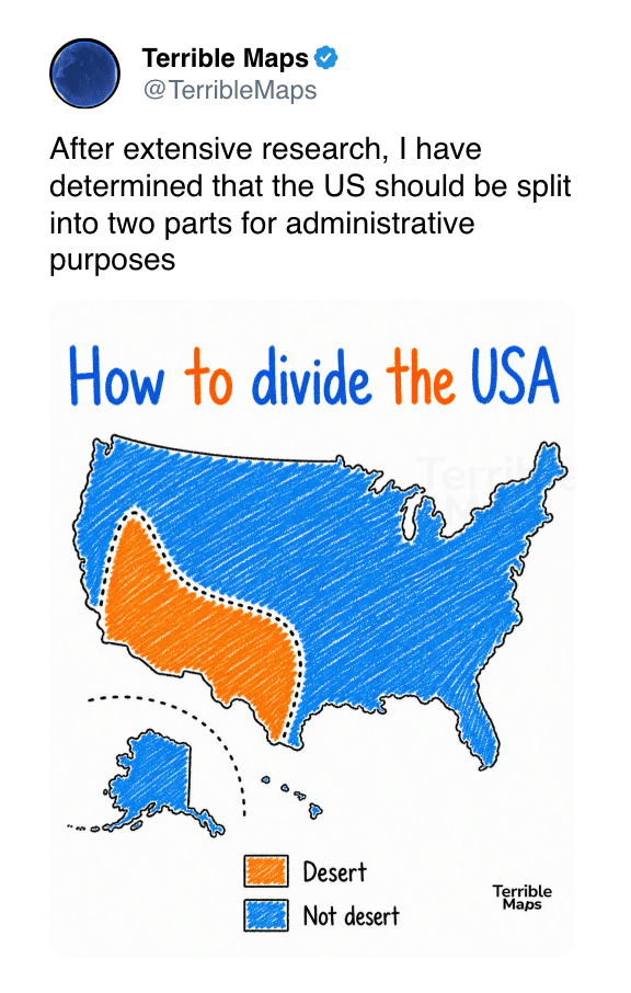 Map showing desert and non-desert areas across the USA with color coding.