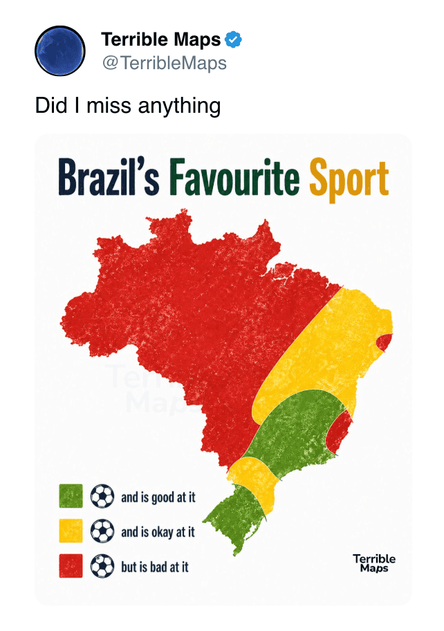 Map of Brazil showing regional favorite sports with color codes for good, okay, and bad at it.