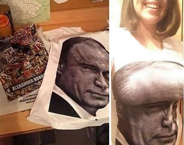 T-shirt featuring a realistic portrait of a man's face and a woman's face, creating a striking visua.
