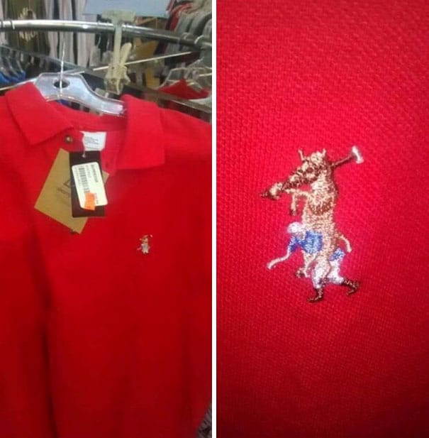 Red polo shirt featuring a small embroidered horse logo on the chest. Perfect casual wear with styli.