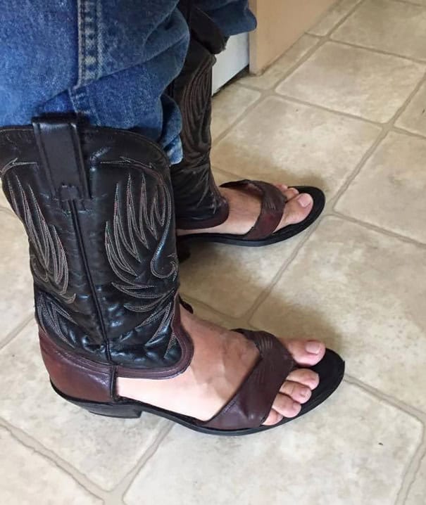 Boots and sandals combination, casual footwear, tiled floor setting.