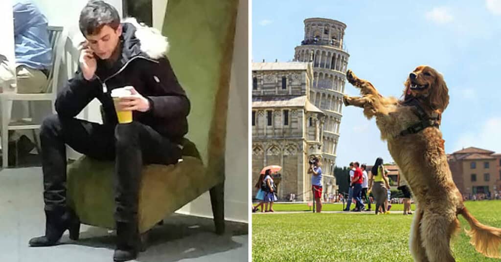 picture of a dog holding up the leaning tower of pisa and a guy sitting looking like he's wearing high heels