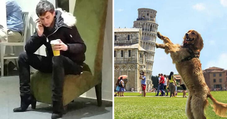 picture of a dog holding up the leaning tower of pisa and a guy sitting looking like he's wearing high heels