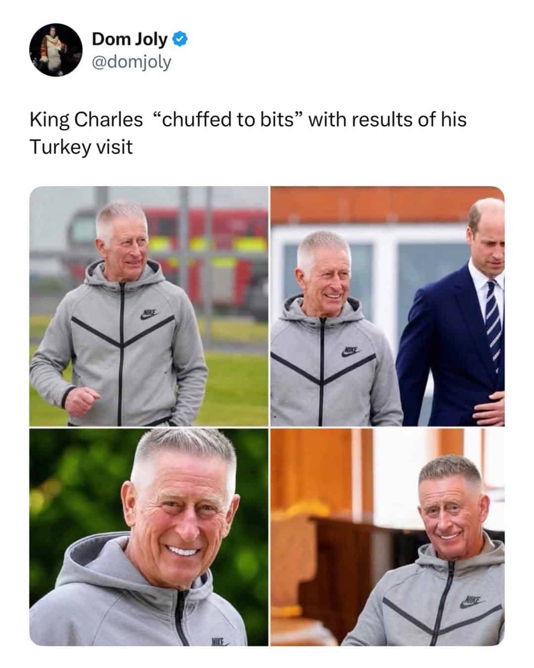 King Charles smiling in Nike hoodie at Turkey visit, casual and approachable look.