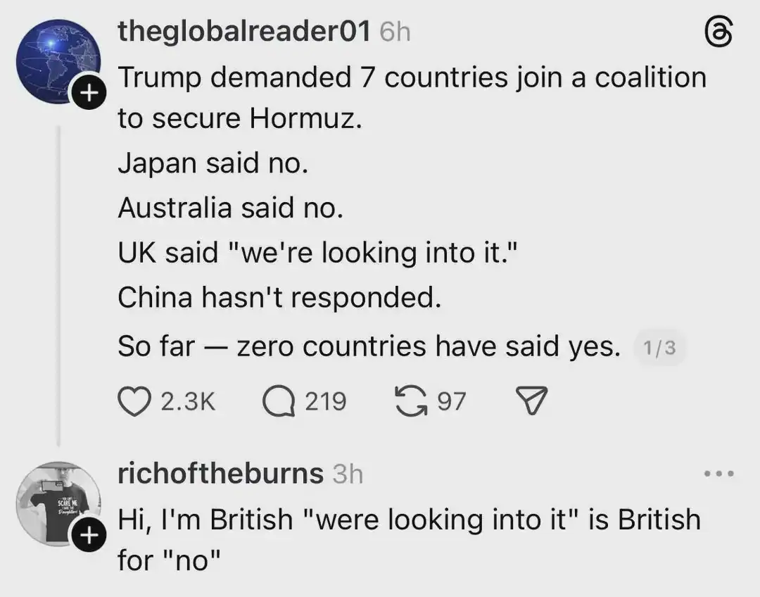 Global political coalition responses, including Japan, Australia, UK, and China.