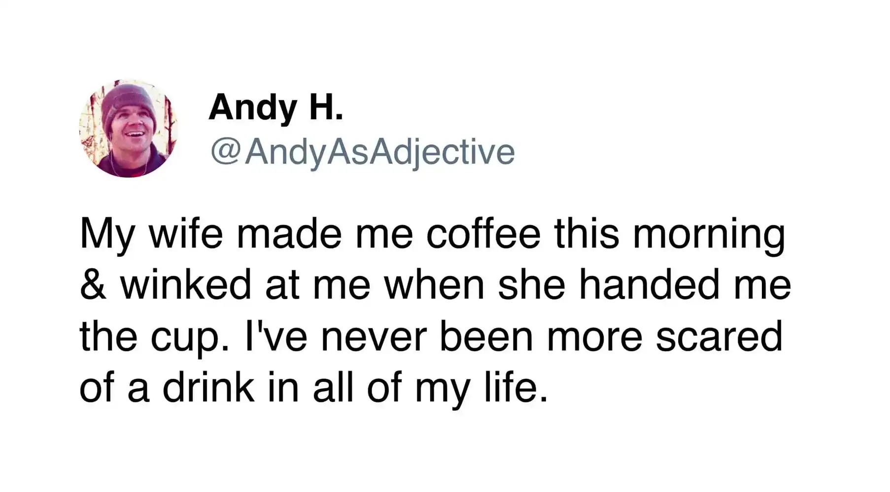 Humorous coffee tweet about morning coffee and the love for coffee.