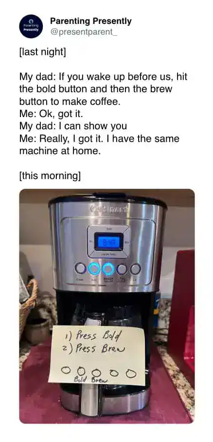 Coffee machine with handwritten note about brewing coffee.