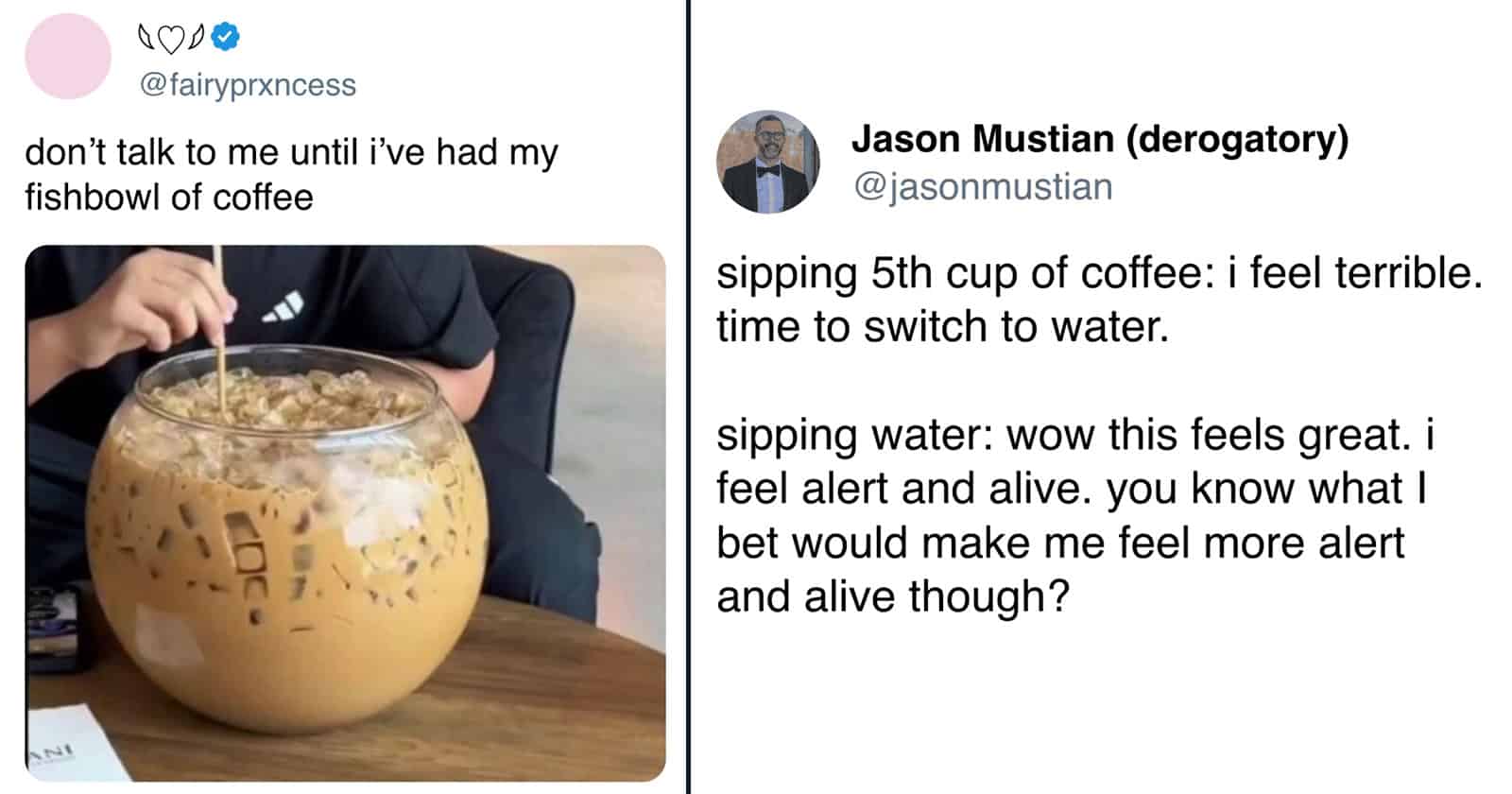 Coffee in a large glass bowl with a straw, person holding the straw.