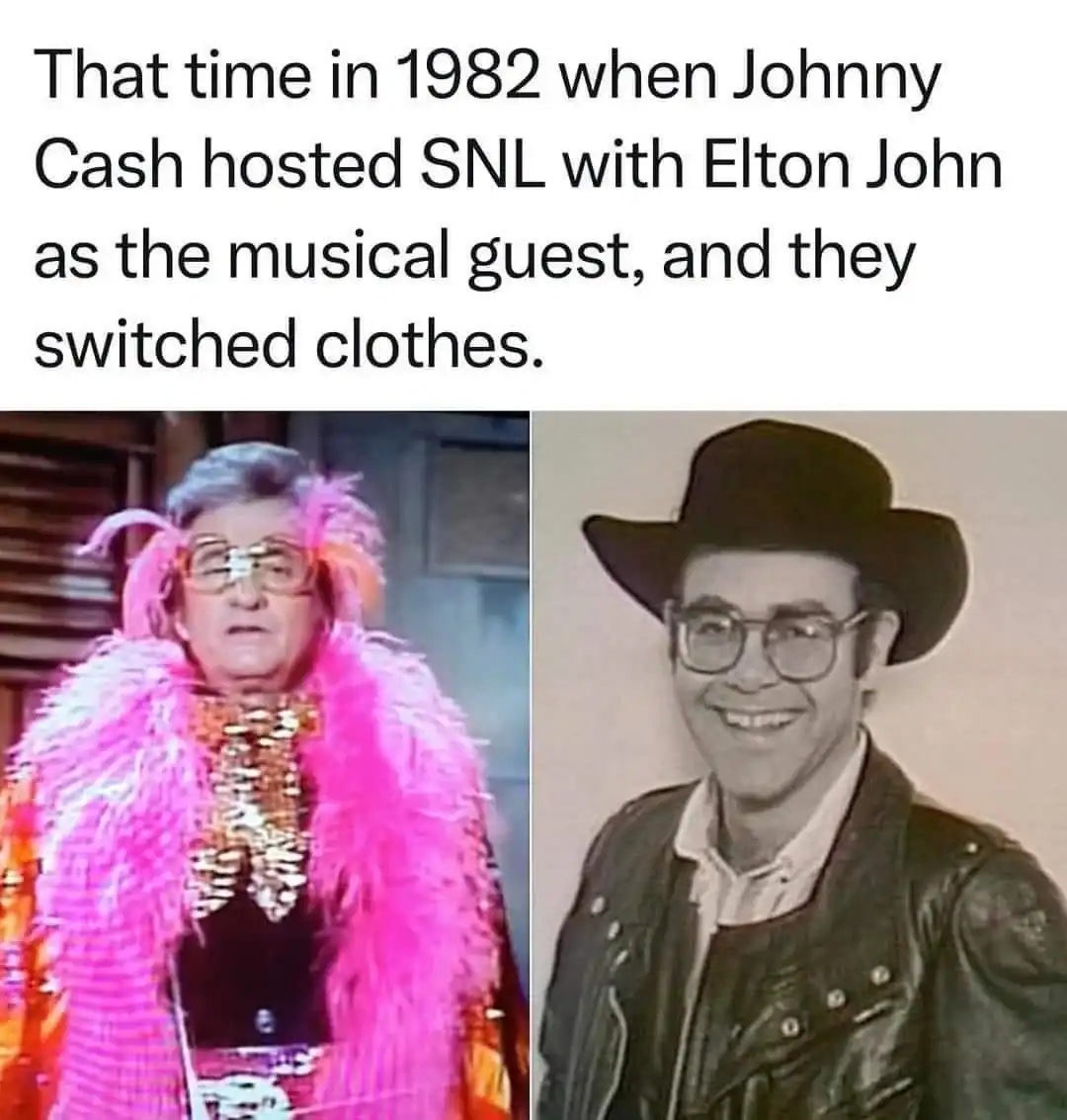 Johnny Cash and Elton John in humorous costume switch from SNL 1982.