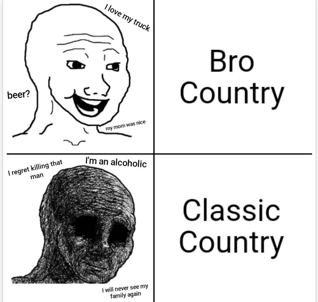 Humorous meme comparing Bro Country and Classic Country music styles with funny character illustrati.