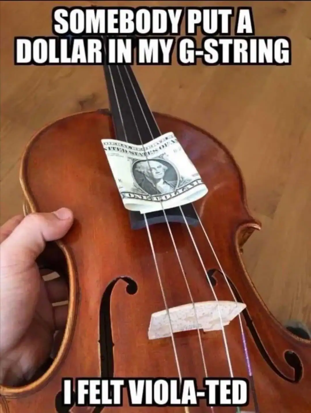 Funny violin meme with dollar bill on G-string, referencing viola-ted humor.