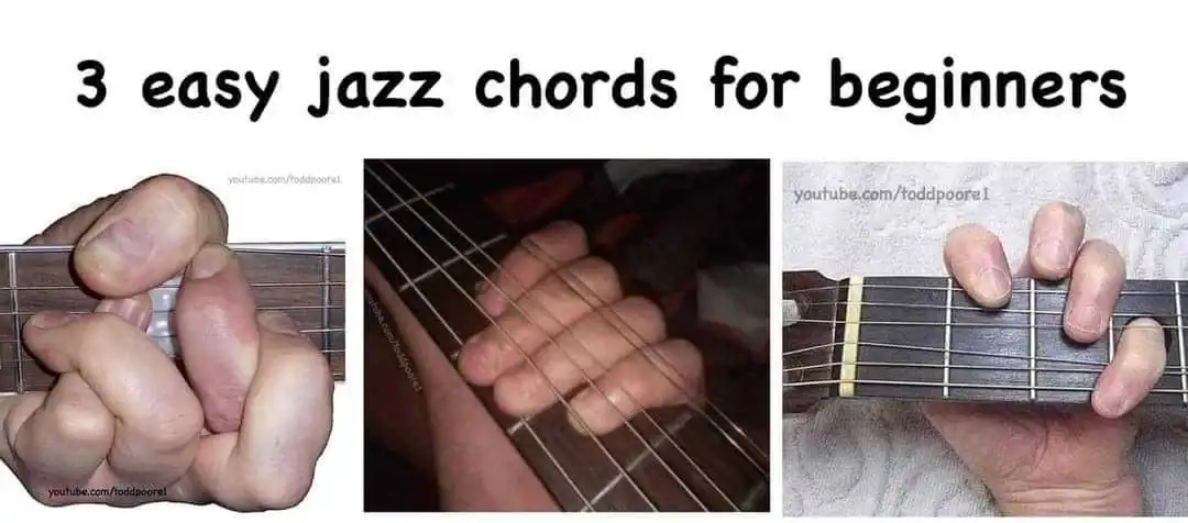 Close-up of hands playing basic jazz chords on an acoustic guitar.