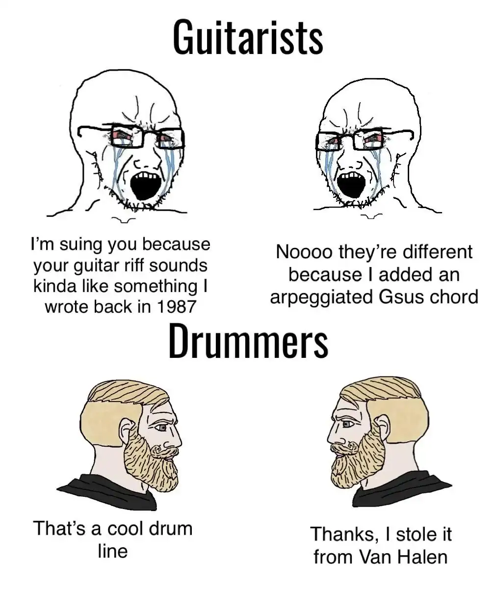 Humorous music meme featuring guitarists and drummers with funny captions about their instruments.