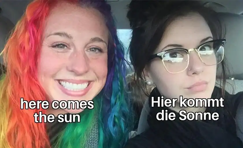 Bright-haired women with funny music meme captions about sunshine and language humor.