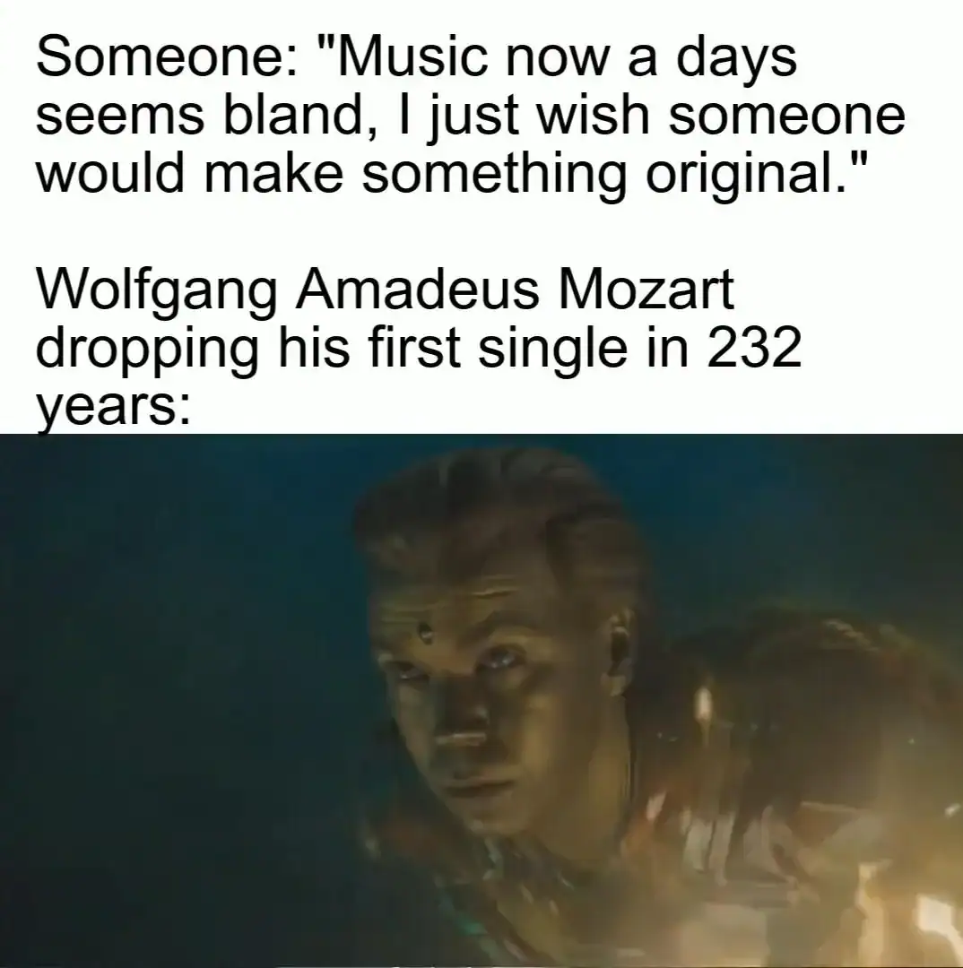 Futuristic character from sci-fi scene with a humorous music meme caption.