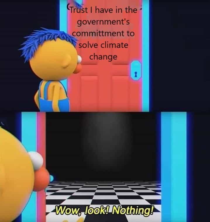Cartoon character with blue hair looking at a locked door with climate change message.
