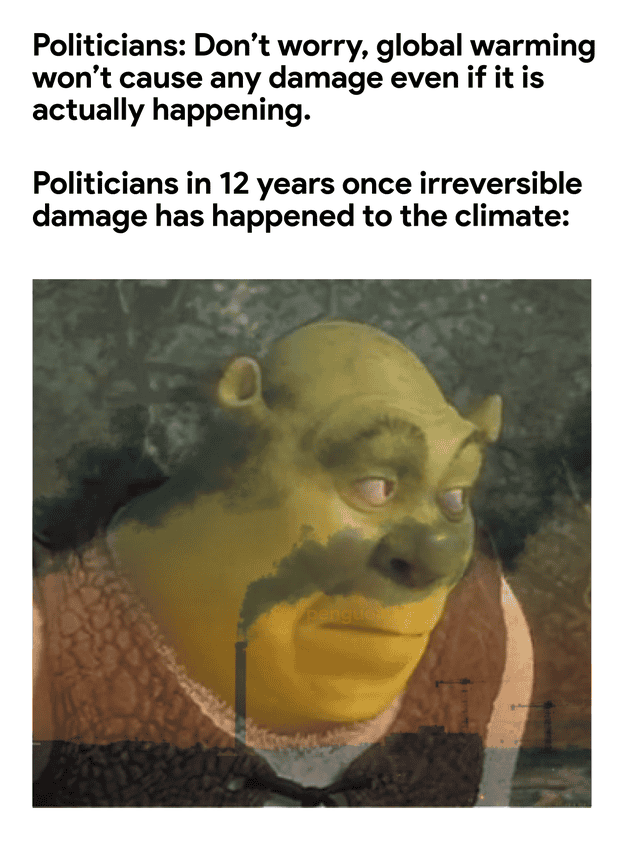 Humorous Shrek meme overlaying politicians discussing climate change denial.