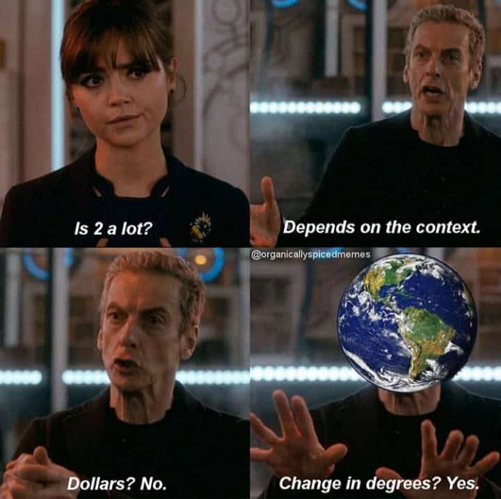 Humorous meme showing a conversation about climate change and Earth's temperature.