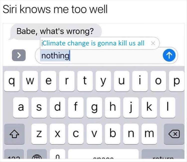 Humorous meme showing a phone screen with a text exchange about climate change and a humorous reply.