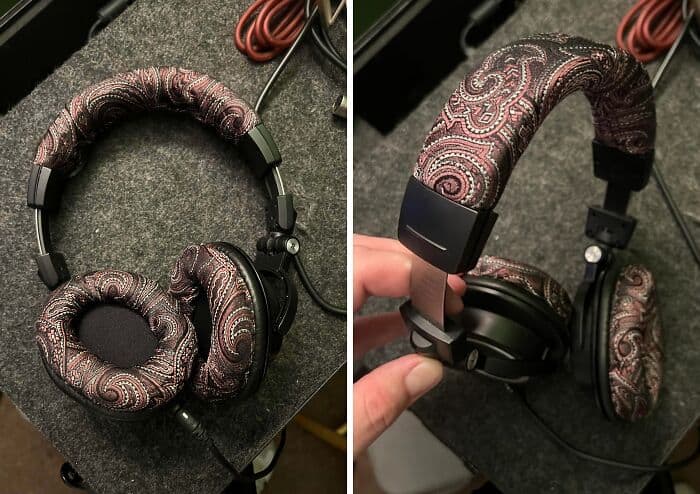 Headphones with paisley fabric covering for stylish sound experience.