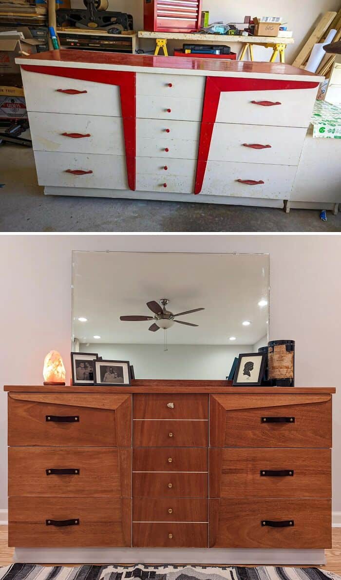 Vintage wooden dresser with red and white accents, six drawers, and retro style.