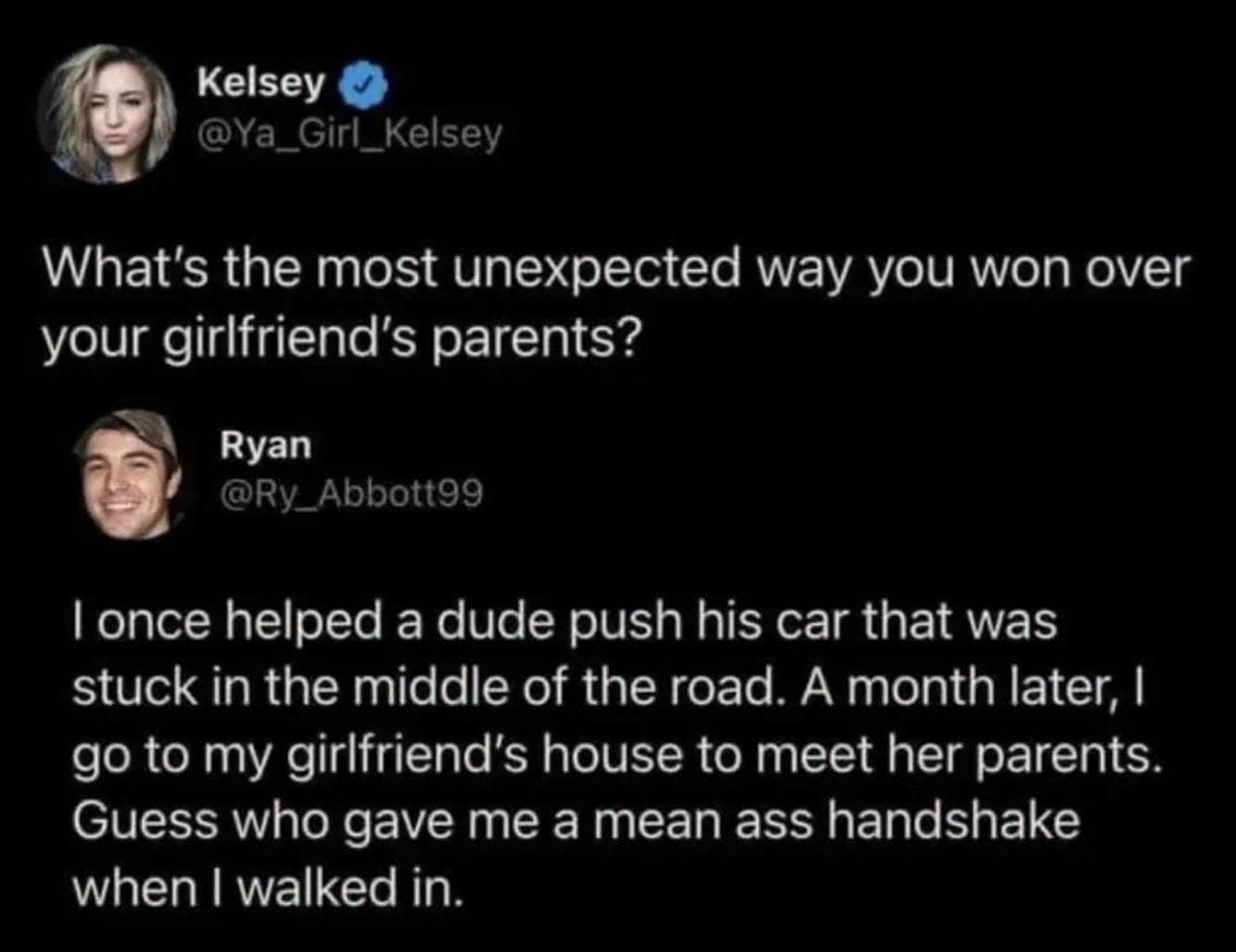 Twitter conversation about winning over girlfriend's parents with a handshake.