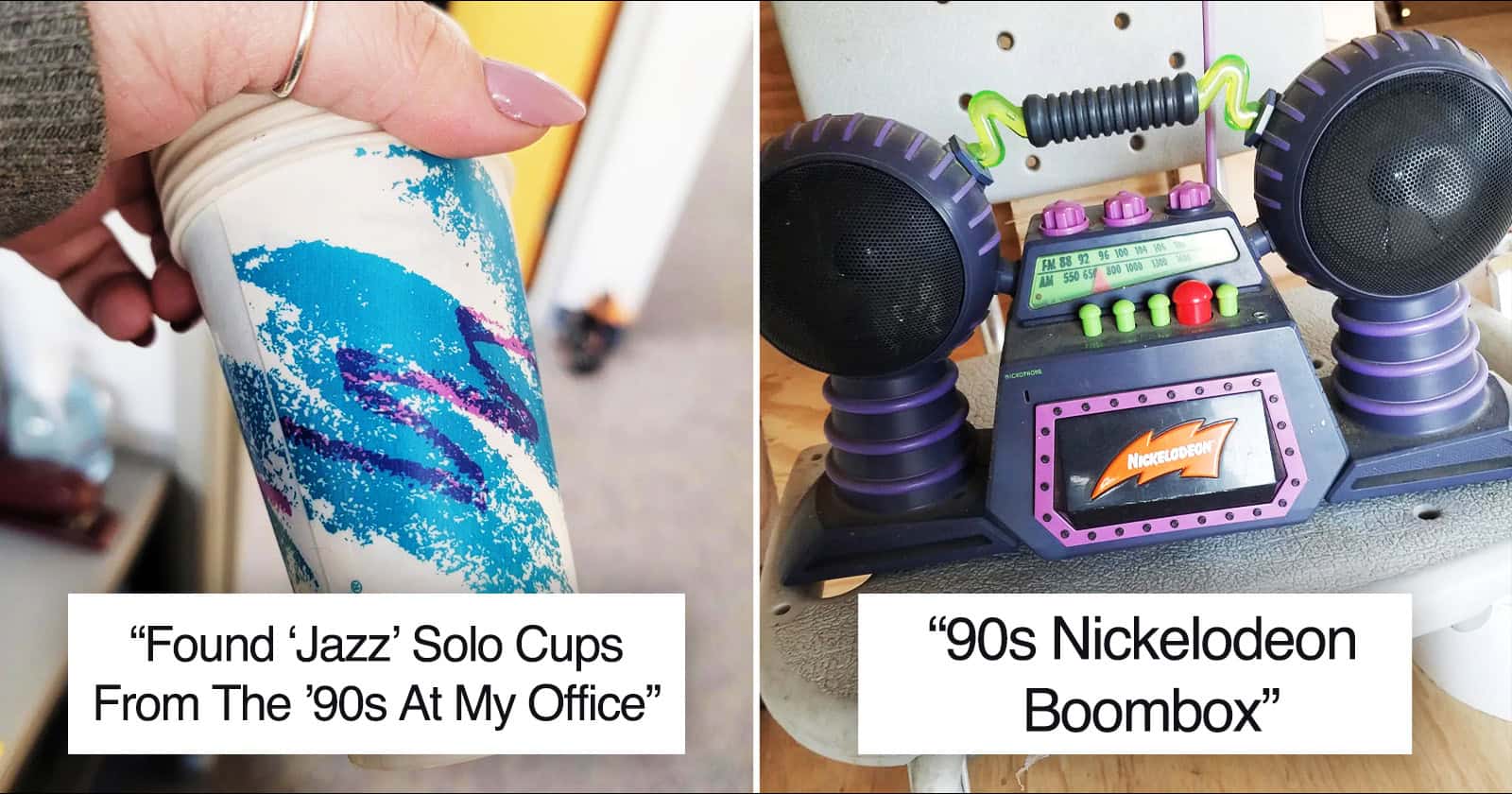 Retro 90s office soda cup and Nickelodeon boombox toy from the 1990s.