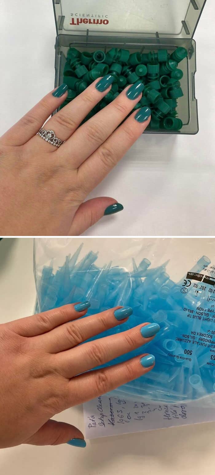 Nail polish and hair ties in a clear plastic container, showcasing vibrant teal color. Perfect for b.