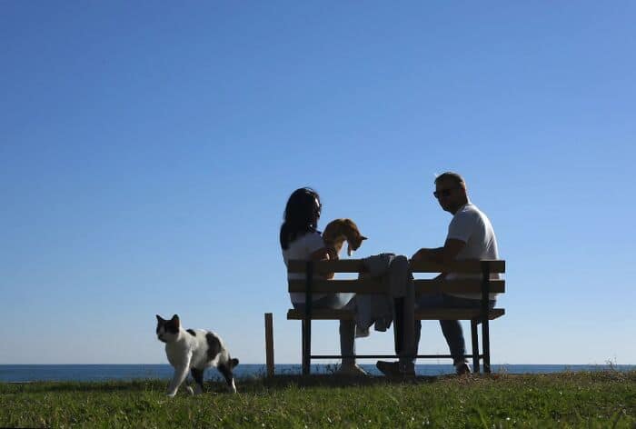 Outdoor family enjoying a sunny day at the park with a dog.