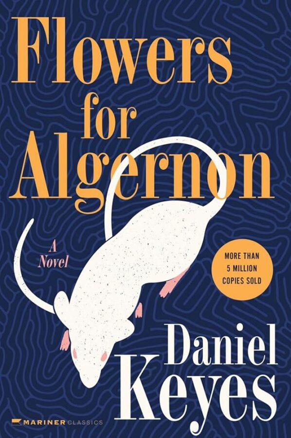 Cover of "Flowers for Algernon" by Daniel Keyes featuring a white mouse on a dark blue background.