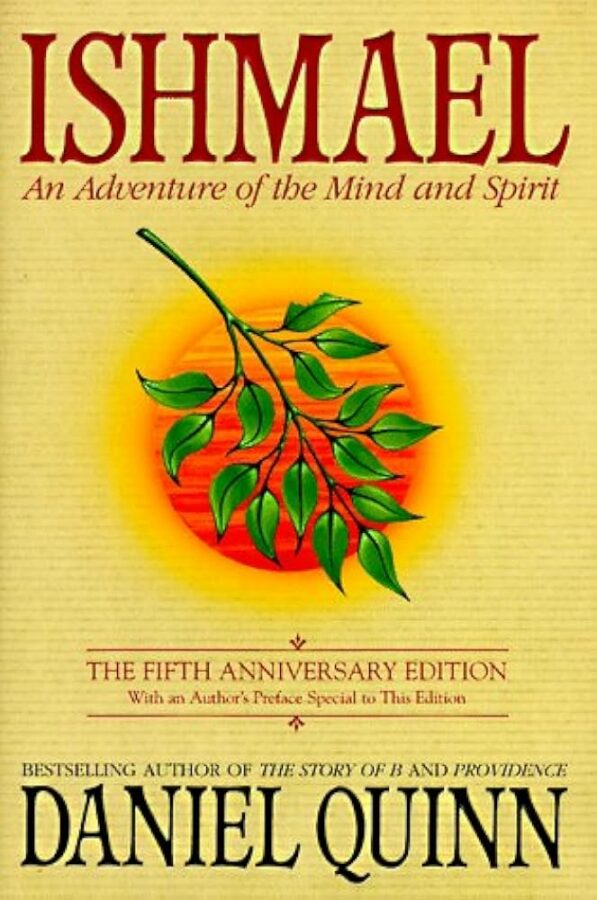 Cover of the book "Ishmael" by Daniel Quinn featuring a stylized tree and sun.