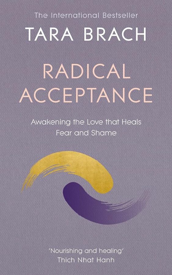 Book cover of "Radical Acceptance" by Tara Brach, featuring a purple and yellow abstract design.