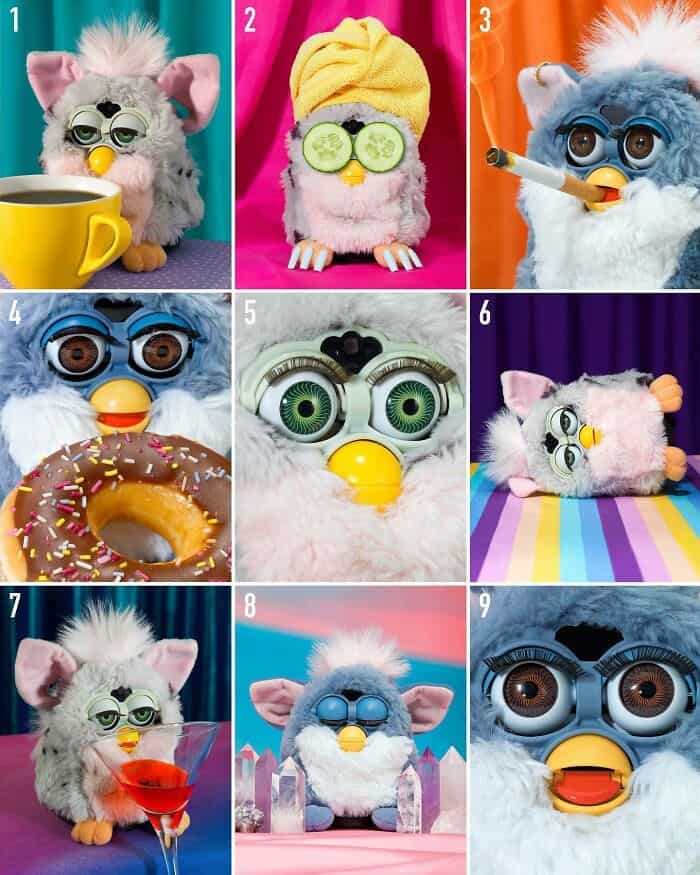Adorable plush toy with glasses and a coffee cup, showcasing quirky humor.
