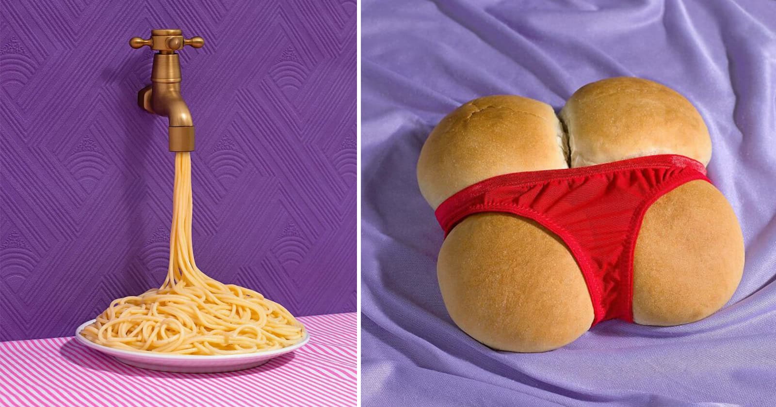 Creative image of spaghetti flowing from a faucet and a humorous depiction of buttocks in red underw.