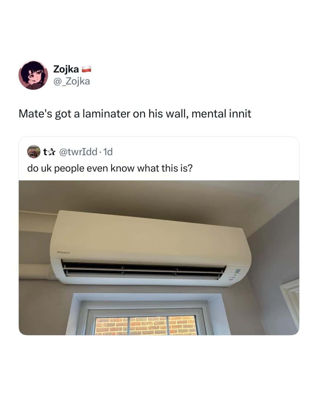 A man has a laminator on his wall, which is a humorous mental image.