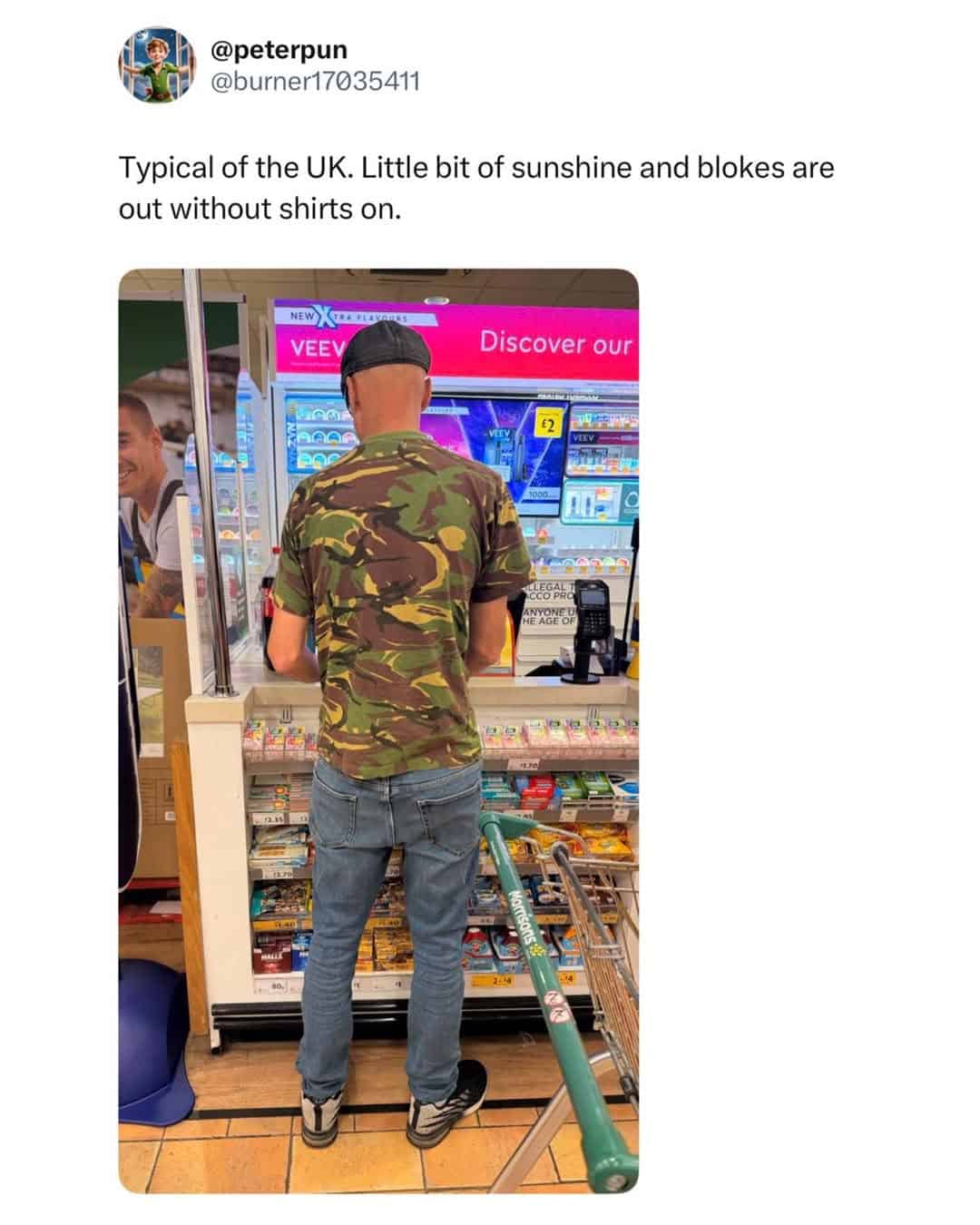 Man in camouflage shirt shopping at a store checkout in the UK.