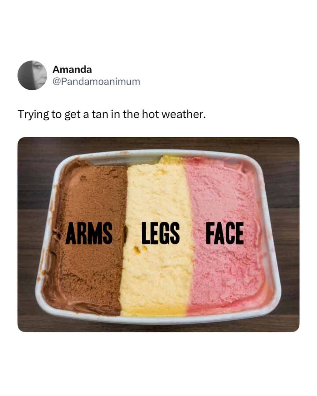 Ice cream with labeled sections for arms, legs, and face, humor about hot weather.