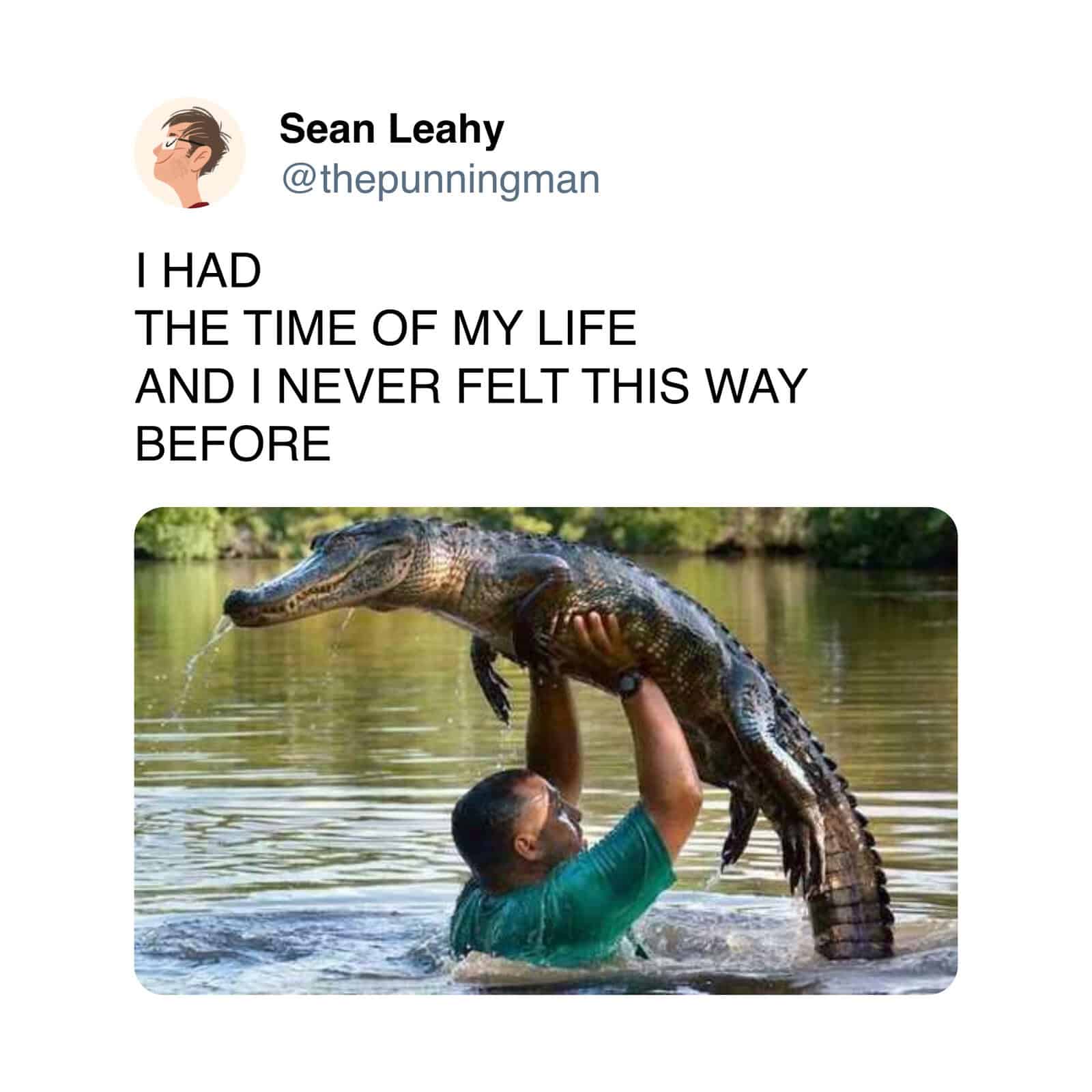 Crocodile being lifted out of water by a person in a green shirt.