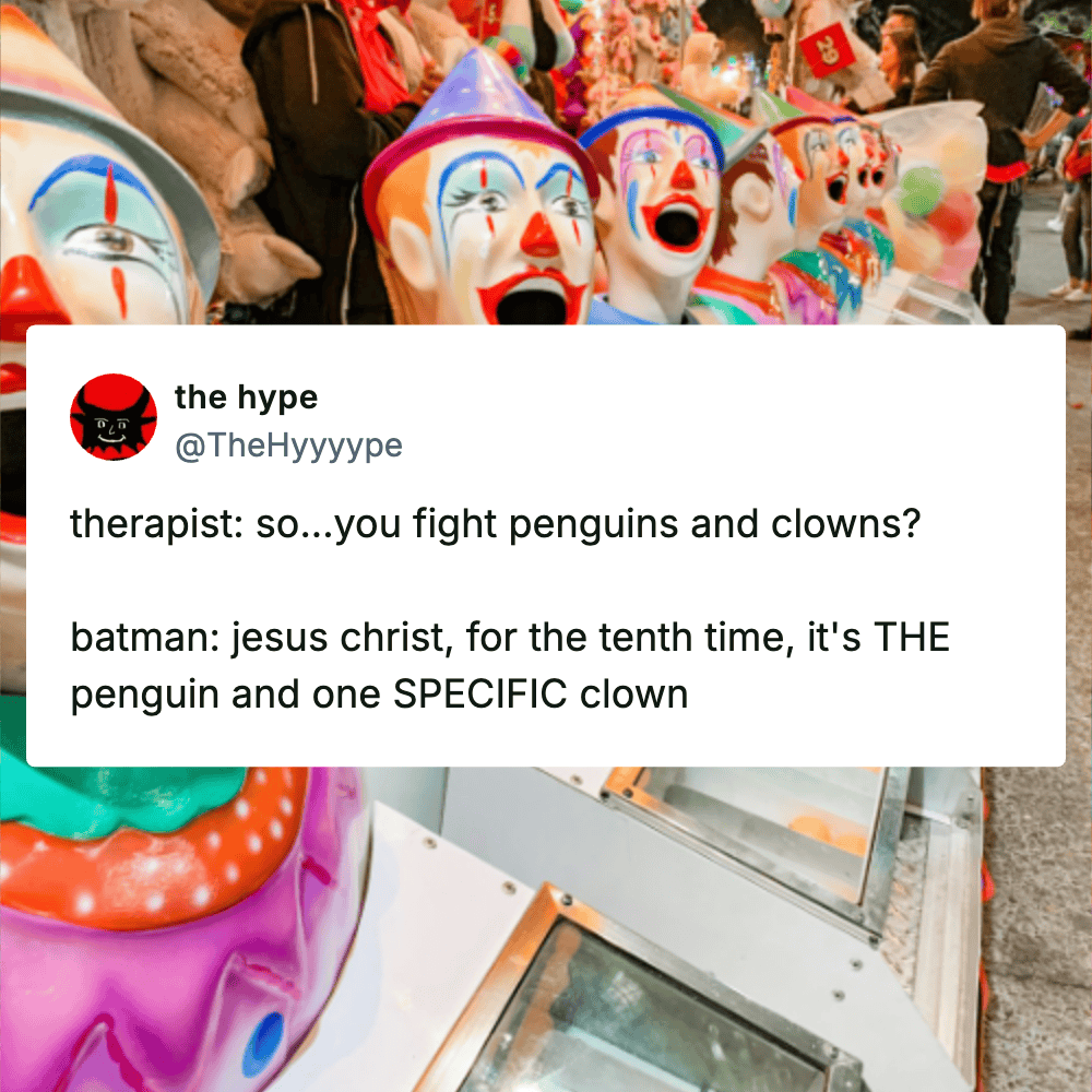 Clown and penguin masks at a carnival, vibrant colors, festive atmosphere, and playful costumes.