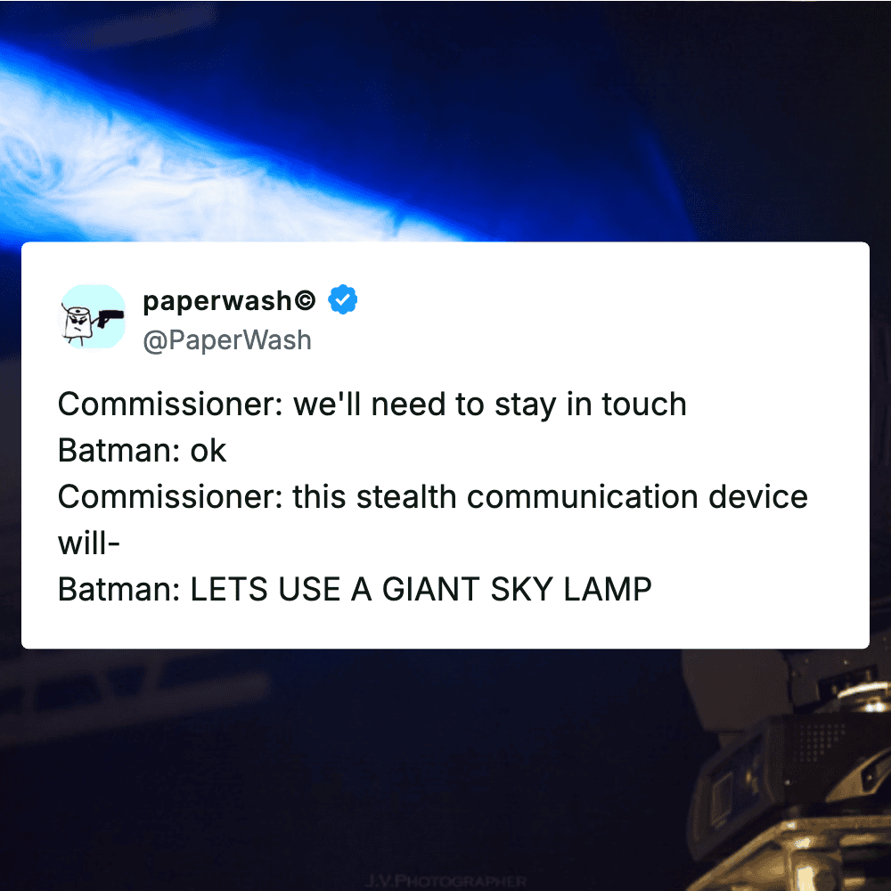 Funny Batman sky lamp meme with humorous dialogue about communication devices.