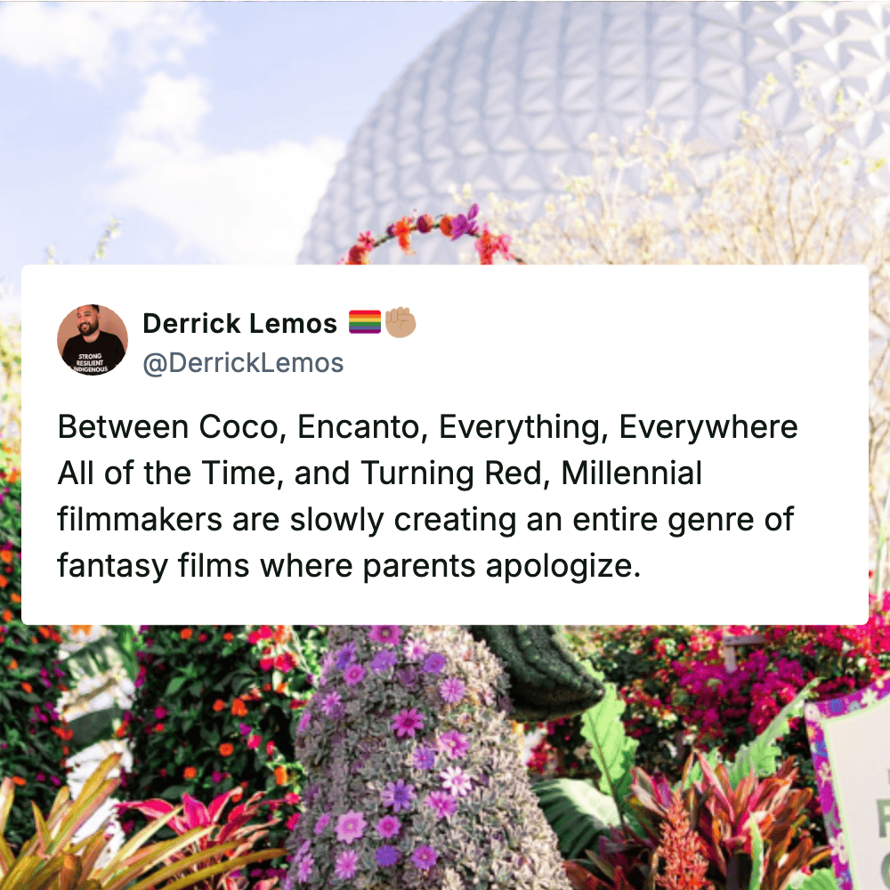 Pleated Jeans logo displayed at a vibrant theme park with colorful flowers and a large geodesic dome.